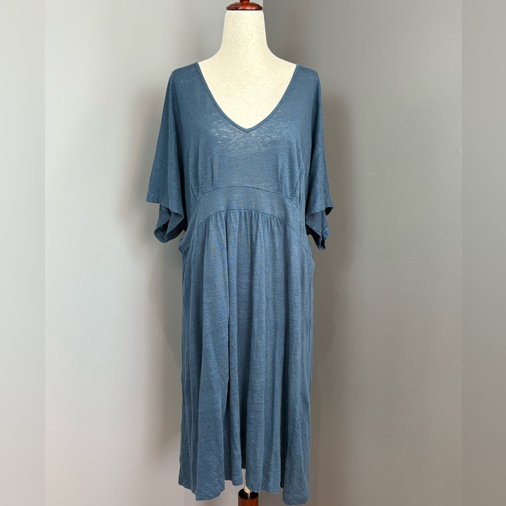Garnet Hill 100% Linen Midi Dress Size L Slate Blue V Neck Loose Fit Comfy Slub